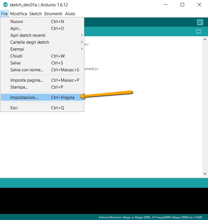 Arduino IDE menu File, Impostazioni