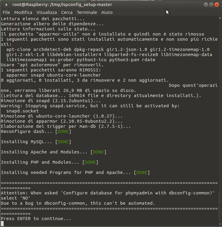 Ispconfig installazione raspberry pi3 ubuntu mate - Configure database for PhpMyAdmin with dbconfig-common