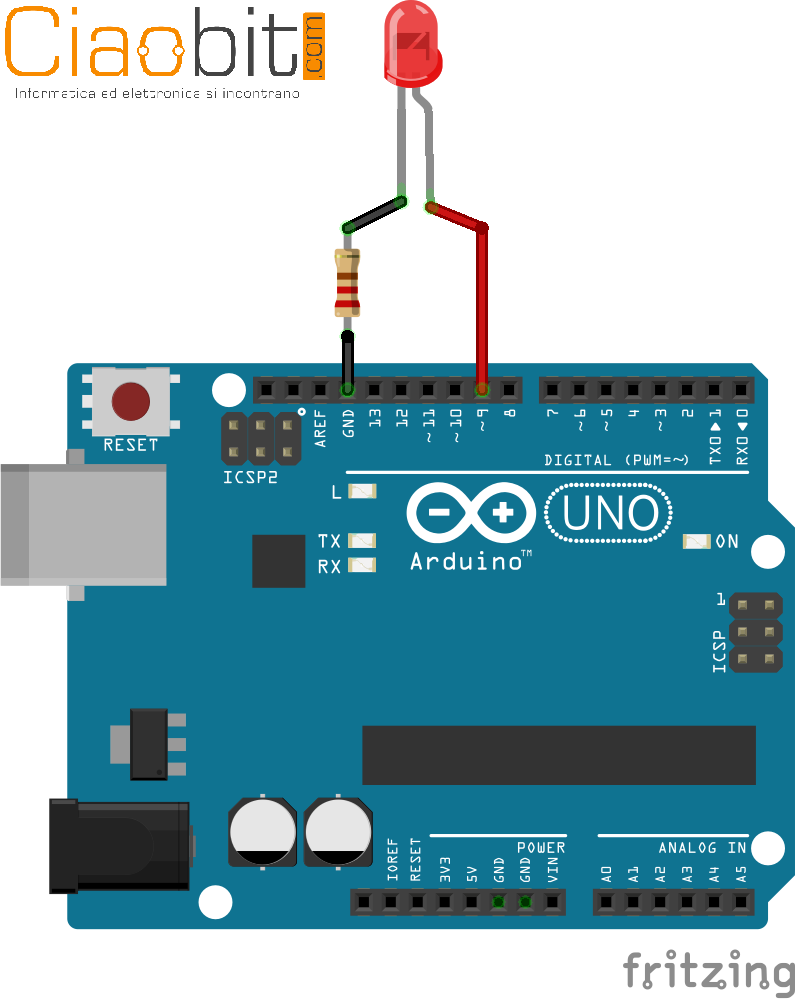 Led connesso al pin 9 (output PWM) di Arduino / Genuino